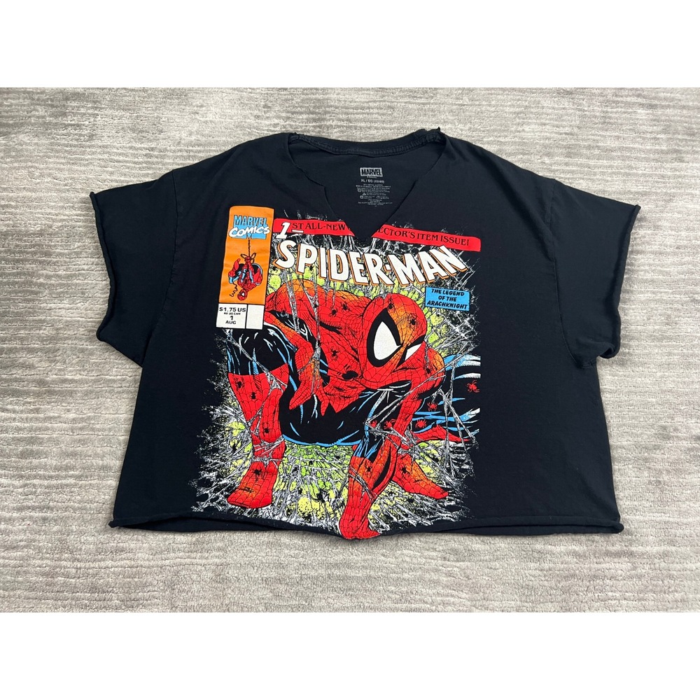Marvel T-Shirt Womens XL Black Spider-Man Graphic Cropped Boxy DIY Comic Tee